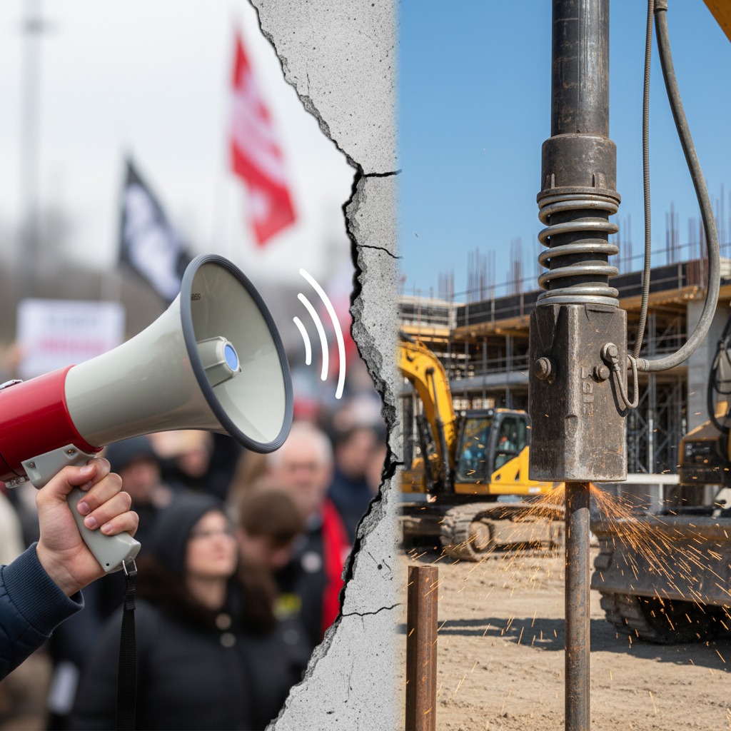 Eine zweigeteilte Komposition zeigt links eine Person mit einem Megafon vor einer Menschenmenge und rechts eine schwere Baumaschine bei Bohrarbeiten.